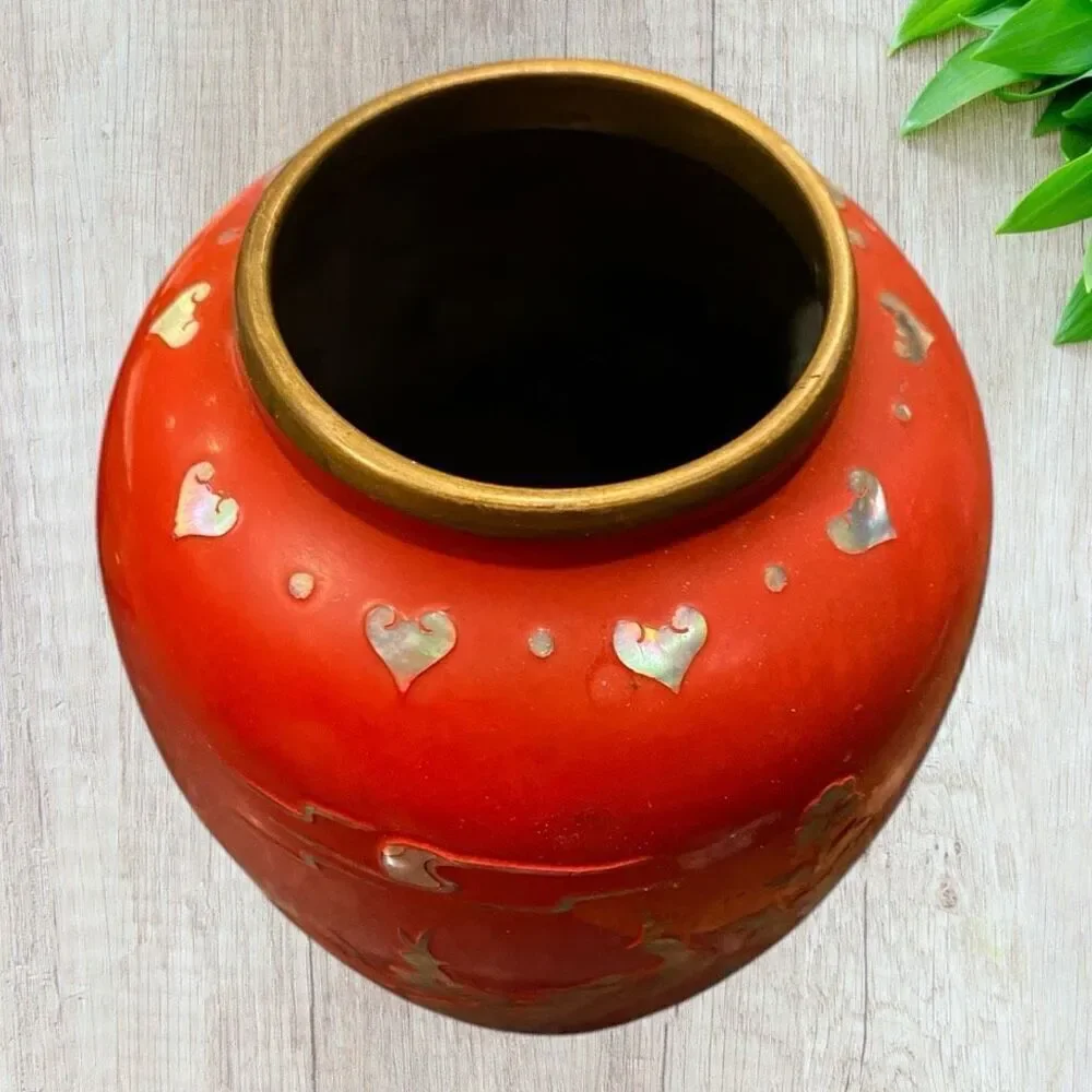 Vintage Brass Enamel Vase Mother Of Pearl Inlay Hearts Peacock